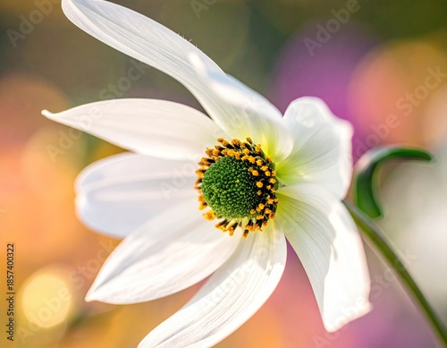 White daisy-like flower with green center; bokeh backdrop