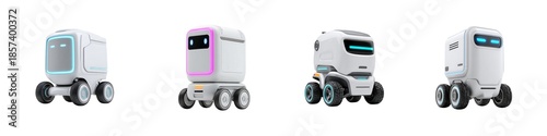 Set of delivery robots isolated on transparent background