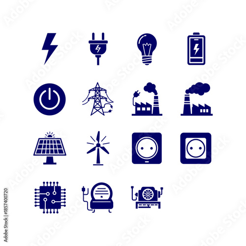 Electricity icons set. Set of green energy thin line icons. Power related icon set. Icons for renewable energy, green technology. Vector illustration