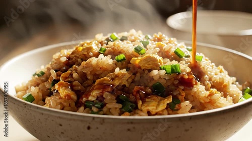 Close up of cooked rice dish with garnish and sauce pouring