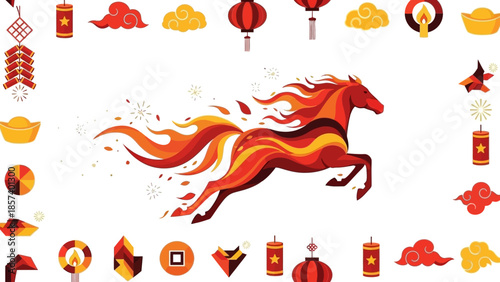 A vibrant red horse runs with flowing mane amidst festive lanterns and decorations.