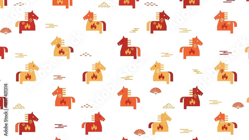 A vibrant illustration depicts a lively pattern of horses and objects on a white background.