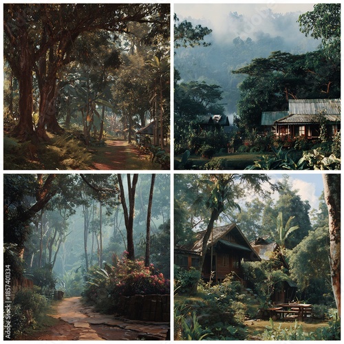 Lush tropical forest village with traditional wooden houses and winding dirt paths