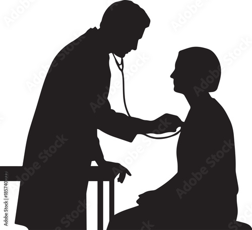 Doctor examining patient with stethoscope silhouette on white background medical examination