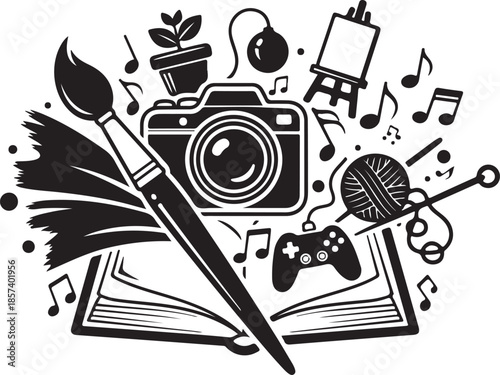 Creative hobbies and interests icons in black