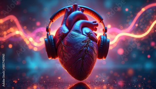 Human heart wears headphones listening music. Abstract neon lights glow and pulse like sound waves. Vibrant energy pattern illuminates dark space. Love rhythm life beat.