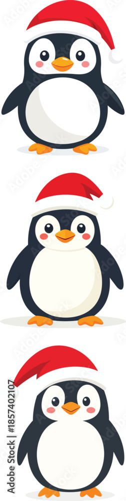 Obraz premium Adorable cute little penguin icon character wearing a festive red Christmas hat, flat vector design element for winter holiday greeting cards and seasonal decorations, simple avatar symbol