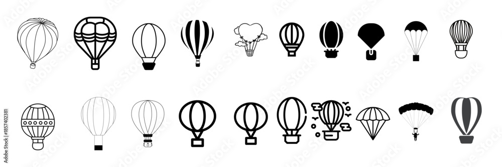 Naklejka premium A collection of detailed line art illustrations depicting various hot air balloons