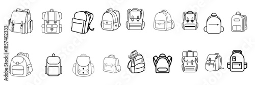 A collection of various backpack designs in clean line art style, perfect for outdoor activities and travel branding