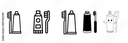 Black and white line art of a toothbrush and toothpaste tube. Perfect for dental care, hygiene, health, oral care, clinic, dentist, and education themes