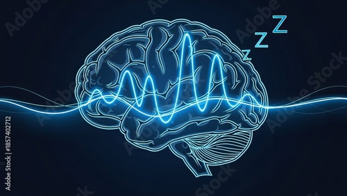 Neon Brain with Sleep Waves Relaxation Health Mind. Concept featuring brain, neon, sleep, waves, relaxation.