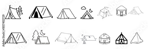 Camping tents line art outdoor shelter various tent designs simple a-frame dome style camping adventure