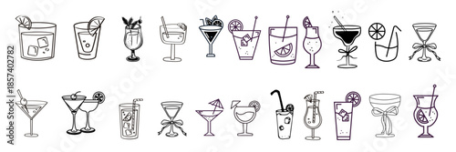 Different cocktail glass line art