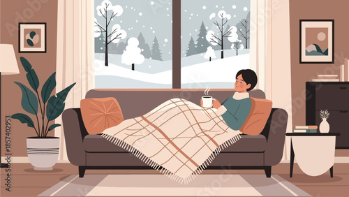 Warm Winter Home Living Scene in Cozy Flat Vector Illustration