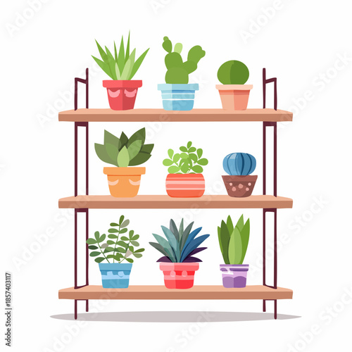 Collection of various potted plants displayed on a tiered shelf, showcasing different species and colors