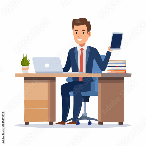 Successful Businessman Multitasking with Laptop and Tablet in a Modern Office Environment, Demonstrating High Productivity