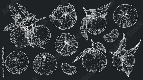 Set sketches with tangerines, peeled tangerines and branch with tangerines, leaves and flowers. Citrus plant sketch on chalkboard. NOT AI generated