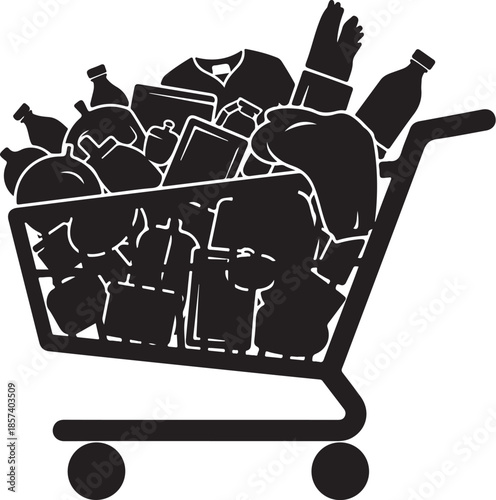 Overflowing shopping cart filled with assorted items