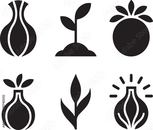 Six black of plants and vegetables on white background sprout seedling tomato onion