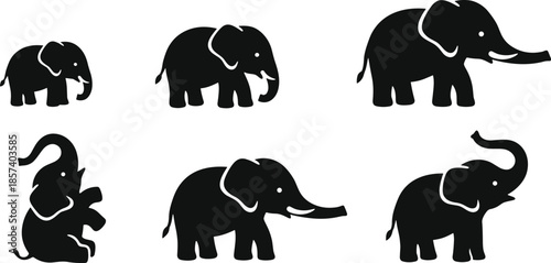 Collection of six black silhouette elephant illustrations