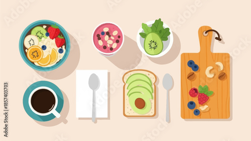 Healthy Breakfast with Fresh Fruits and Coffee.