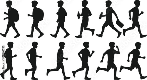 Vector silhouettes of people walking and running in motion