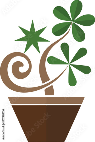 Stylized green plant with star shaped leaves in a brown pot