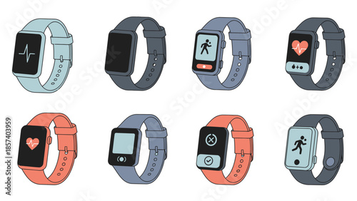 Collection of various smartwatches with different colored straps and icons.