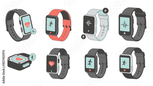 Collection of various smartwatch designs with different straps and icons.