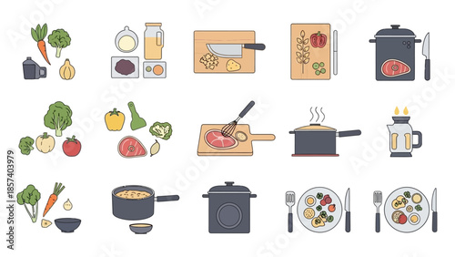 Collection of Cooking Utensils and Ingredients Icons.