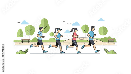 A group of four diverse individuals, two men and two women, are depicted running together on a paved path through a serene park setting.