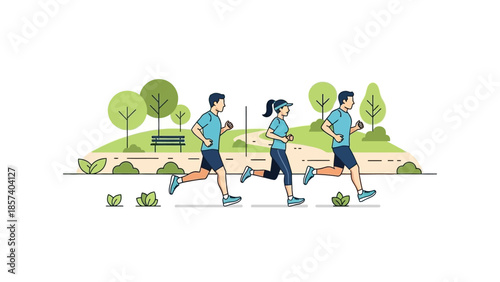 Three people, two men and one woman, jogging together in a park with trees and a bench in the background.