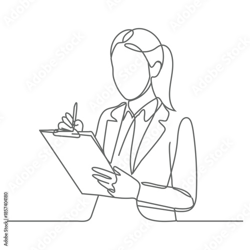 Businesswoman writing notes, continuous one line drawing. Woman making notes in single line art illustration. Office worker vector.