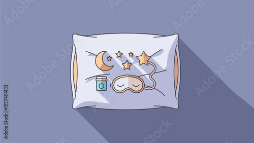 A flat illustration of a pillow with sleep-related icons including a moon, stars, a sleep mask, and a jar of pills.