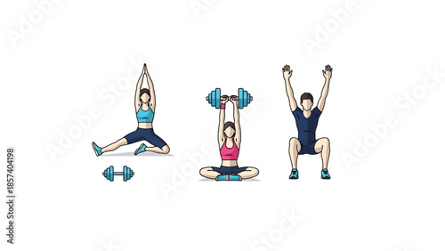 Three stylized illustrations of people performing various fitness exercises, including stretching, weightlifting with a barbell, and squats with dumbbells, on a white background.