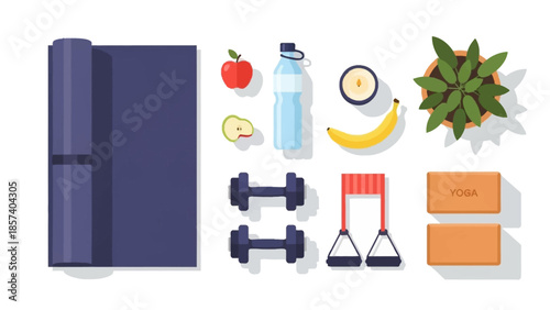 Flat lay of various fitness and wellness items including a yoga mat, dumbbells, healthy snacks, and a water bottle on a white background.