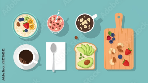 A vibrant top-down flat lay of a healthy breakfast spread featuring oatmeal, smoothie, coffee, avocado toast, and fresh fruits on a light blue background.