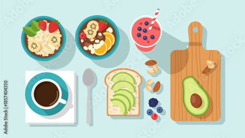Healthy and delicious breakfast spread with oatmeal, smoothie, coffee, and avocado toast, viewed from above.