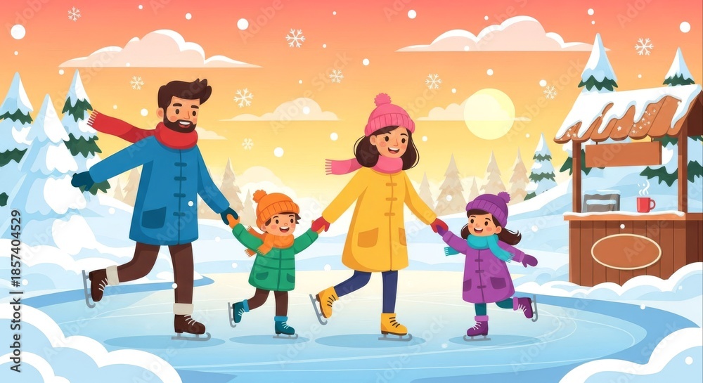Naklejka premium Family Fun - Ice Skating Adventure in a Winter Wonderland.