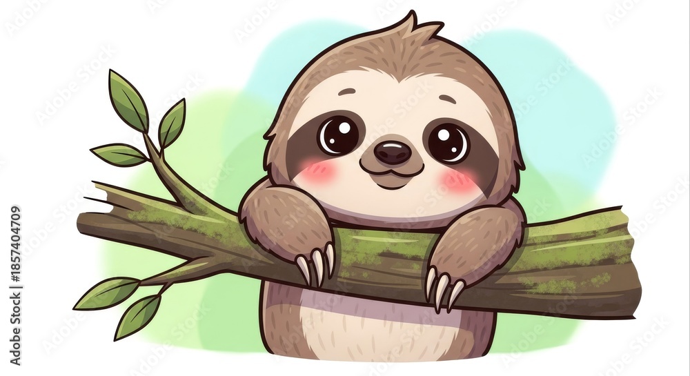 Obraz premium Adorable Sloth Cartoon Character Hanging on a Branch Illustration.