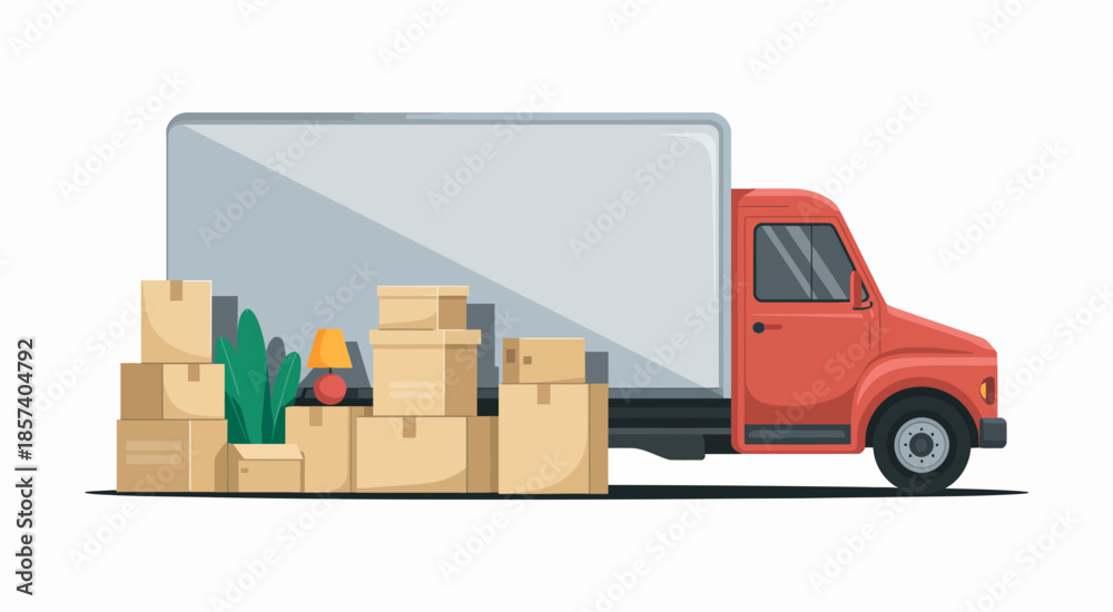 Obraz premium A vibrant red moving truck stands next to neatly packed cardboard boxes, suggesting the process of relocating to a new home with essential items and plants ready to be loaded.