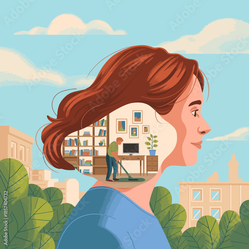A thoughtful woman is depicted with a creative visualization of her home cleaning tasks, showcasing the balance of mental and physical activities in a modern lifestyle.