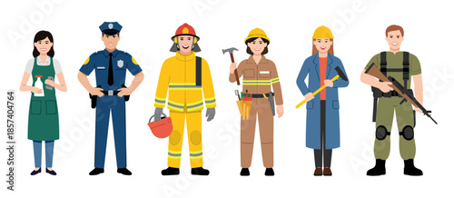 An illustration featuring a group of diverse individuals representing various professions, showcasing unity and the importance of different roles in society.