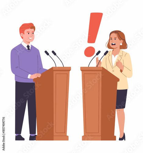 Two speakers stand at podiums engaged in a lively debate, highlighting the importance of dialogue and expression in public discourse on contemporary issues.