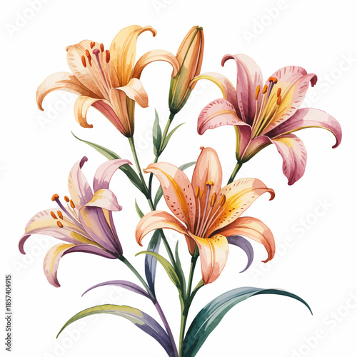 This exquisitely detailed illustration showcases a beautiful arrangement of colorful lilies, celebrating nature's beauty and evoking feelings of elegance and freshness in decor.