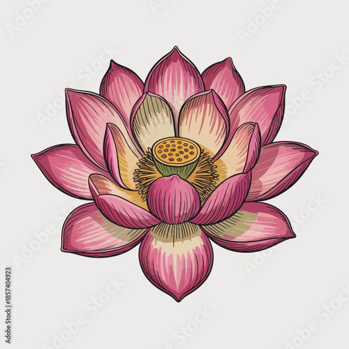 A stunning and detailed illustration of a pink lotus flower in full bloom, symbolizing purity and beauty, representing growth, transformation, and tranquility in nature.