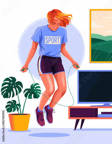 A young girl jumps rope with enthusiasm indoors, showcasing her active lifestyle and commitment to fitness while enjoying a moment of joy and movement in her cozy space.