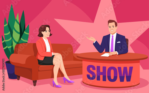 A vibrant television talk show scene featuring a charismatic host engaging with a guest, set against a colorful backdrop, capturing the essence of entertainment and conversation.
