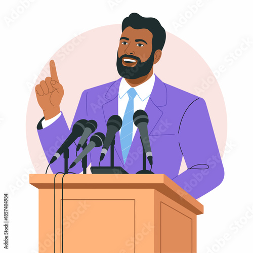 A confident speaker in a suit addresses an audience at a podium, with microphones set up, illustrating leadership and effective communication skills in action.