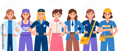 A lively representation of women in diverse professional outfits, showcasing empowerment, inclusivity, and the variety of roles women occupy in modern society.